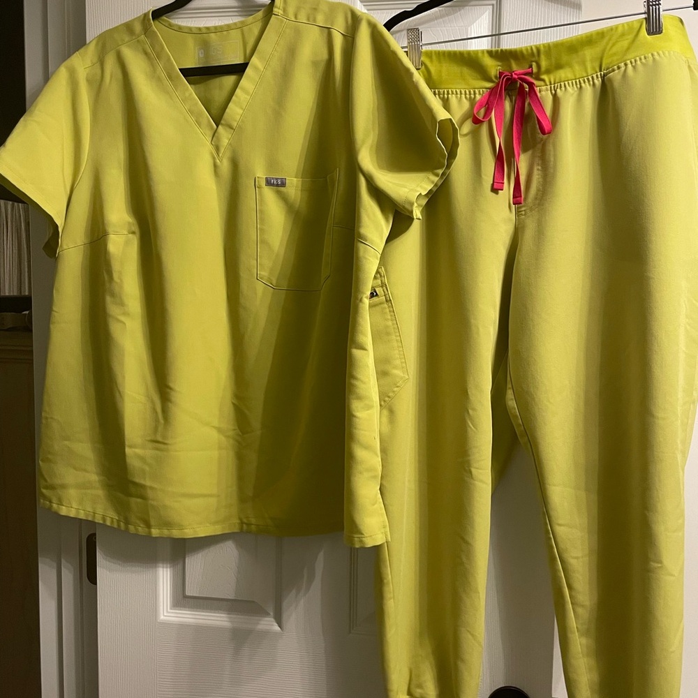 Bright Yellow Scrub Set with Pink Accents